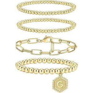 Gold Bracelets For Women, 14K Gold Plated Stackable Initial Beaded Bracelet With